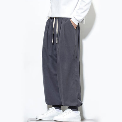 Buddha Stones Fall Plain Drawstring Simple Design Men's Harem Cotton Corduroy Pants With Pockets