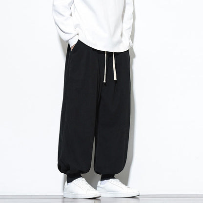 Buddha Stones Fall Plain Drawstring Simple Design Men's Harem Cotton Corduroy Pants With Pockets