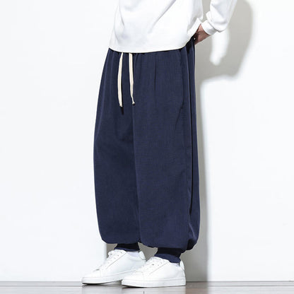 Buddha Stones Fall Plain Drawstring Simple Design Men's Harem Cotton Corduroy Pants With Pockets