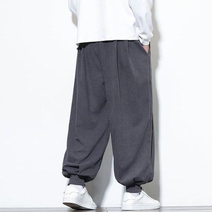 Buddha Stones Fall Plain Drawstring Simple Design Men's Harem Cotton Corduroy Pants With Pockets