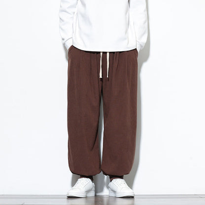 Buddha Stones Fall Plain Drawstring Simple Design Men's Harem Cotton Corduroy Pants With Pockets