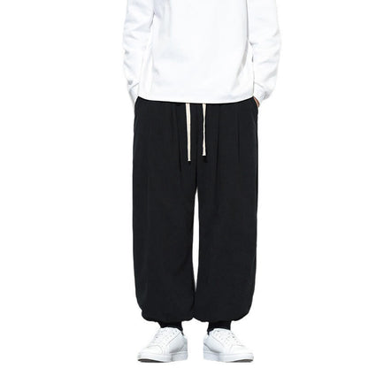 Buddha Stones Fall Plain Drawstring Simple Design Men's Harem Cotton Corduroy Pants With Pockets