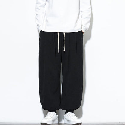 Buddha Stones Fall Plain Drawstring Simple Design Men's Harem Cotton Corduroy Pants With Pockets