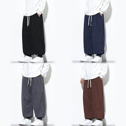 Buddha Stones Fall Plain Drawstring Simple Design Men's Harem Cotton Corduroy Pants With Pockets