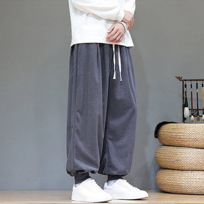 Buddha Stones Fall Plain Drawstring Simple Design Men's Harem Cotton Corduroy Pants With Pockets