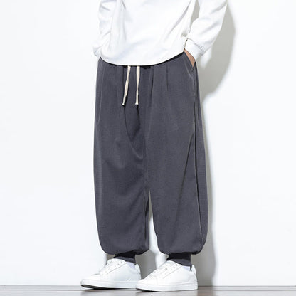 Buddha Stones Fall Plain Drawstring Simple Design Men's Harem Cotton Corduroy Pants With Pockets