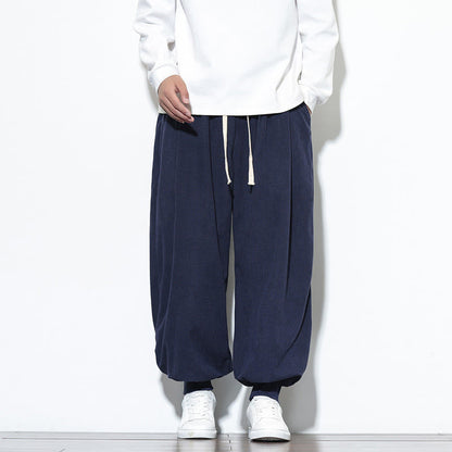 Buddha Stones Fall Plain Drawstring Simple Design Men's Harem Cotton Corduroy Pants With Pockets