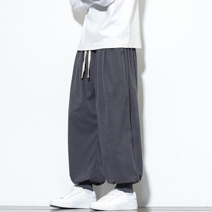 Buddha Stones Fall Plain Drawstring Simple Design Men's Harem Cotton Corduroy Pants With Pockets