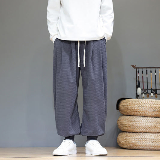 Buddha Stones Fall Plain Drawstring Simple Design Men's Harem Cotton Corduroy Pants With Pockets