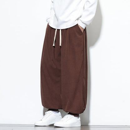 Buddha Stones Fall Plain Drawstring Simple Design Men's Harem Cotton Corduroy Pants With Pockets