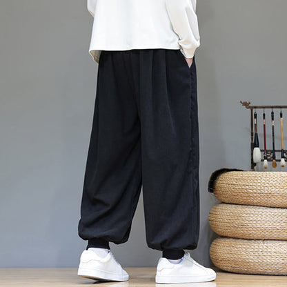 Buddha Stones Fall Plain Drawstring Simple Design Men's Harem Cotton Corduroy Pants With Pockets