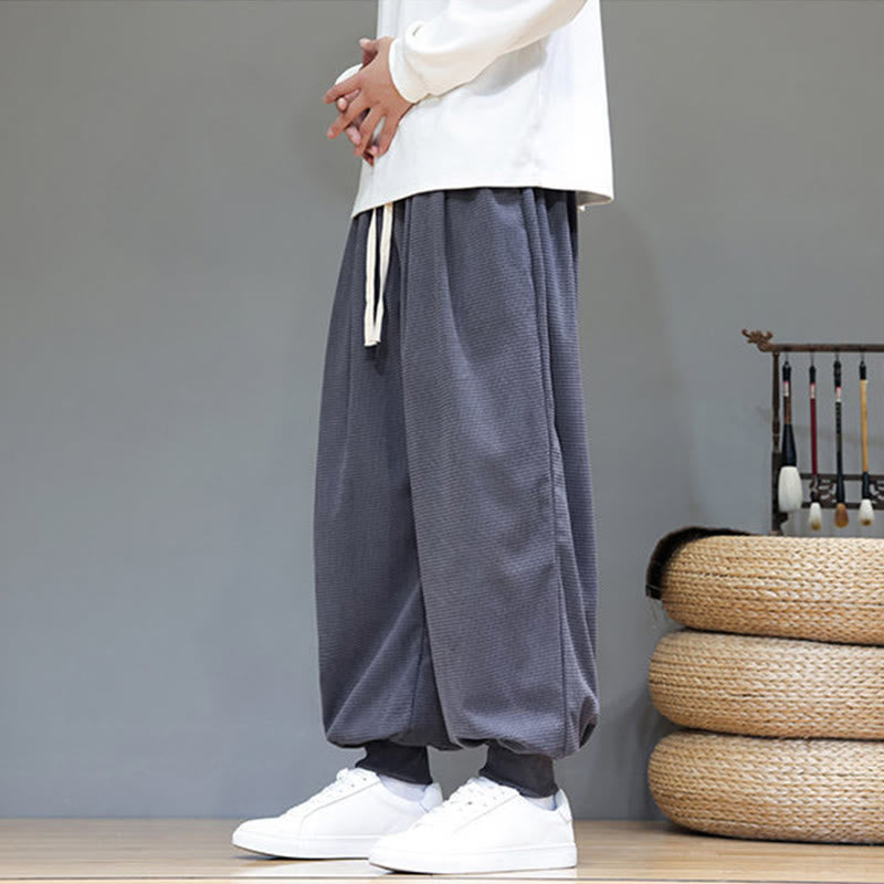 Buddha Stones Fall Plain Drawstring Simple Design Men's Harem Cotton Corduroy Pants With Pockets