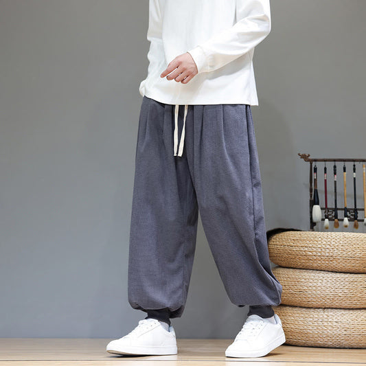 Buddha Stones Fall Plain Drawstring Simple Design Men's Harem Cotton Corduroy Pants With Pockets
