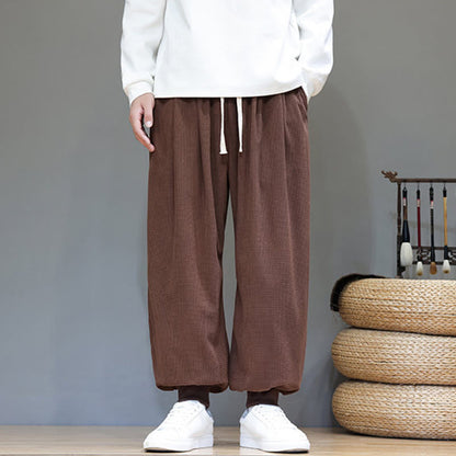 Buddha Stones Fall Plain Drawstring Simple Design Men's Harem Cotton Corduroy Pants With Pockets