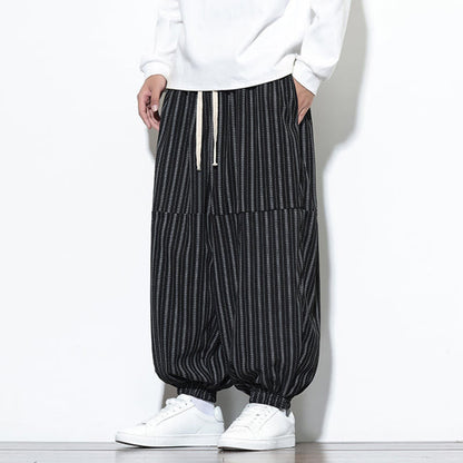 Buddha Stones Fall Striped Pattern Drawstring Men's Harem Corduroy Pants With Pockets