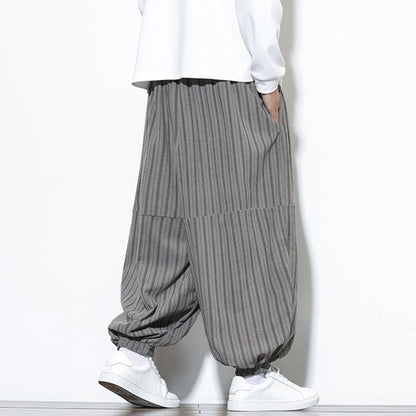 Buddha Stones Fall Striped Pattern Drawstring Men's Harem Corduroy Pants With Pockets