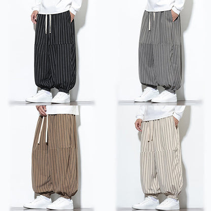Buddha Stones Fall Striped Pattern Drawstring Men's Harem Corduroy Pants With Pockets