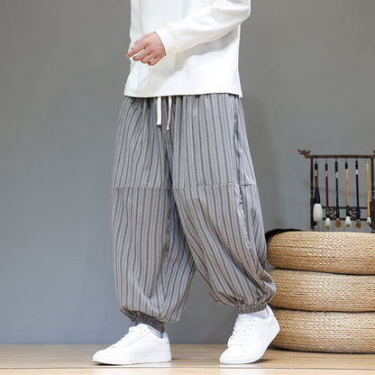 Buddha Stones Fall Striped Pattern Drawstring Men's Harem Corduroy Pants With Pockets