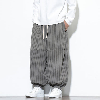 Buddha Stones Fall Striped Pattern Drawstring Men's Harem Corduroy Pants With Pockets
