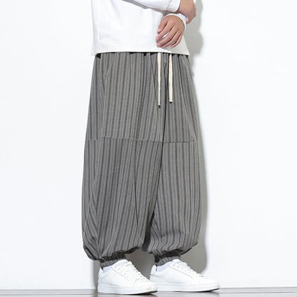 Buddha Stones Fall Striped Pattern Drawstring Men's Harem Corduroy Pants With Pockets