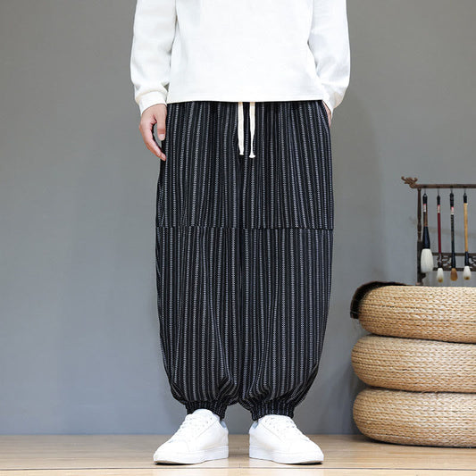 Buddha Stones Fall Striped Pattern Drawstring Men's Harem Corduroy Pants With Pockets