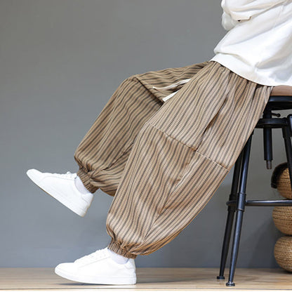 Buddha Stones Fall Striped Pattern Drawstring Men's Harem Corduroy Pants With Pockets