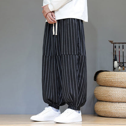 Buddha Stones Fall Striped Pattern Drawstring Men's Harem Corduroy Pants With Pockets