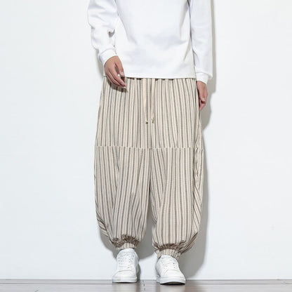 Buddha Stones Fall Striped Pattern Drawstring Men's Harem Corduroy Pants With Pockets