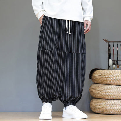 Buddha Stones Fall Striped Pattern Drawstring Men's Harem Corduroy Pants With Pockets