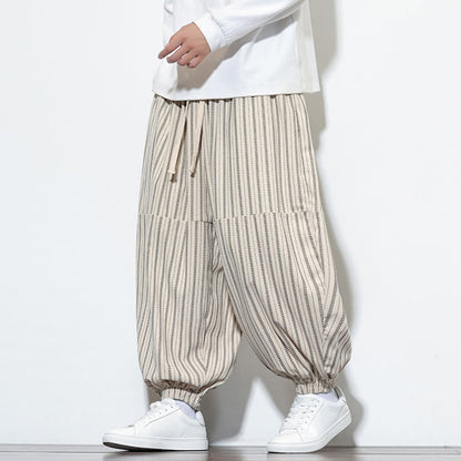 Buddha Stones Fall Striped Pattern Drawstring Men's Harem Corduroy Pants With Pockets