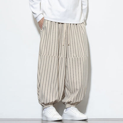 Buddha Stones Fall Striped Pattern Drawstring Men's Harem Corduroy Pants With Pockets