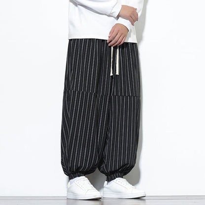 Buddha Stones Fall Striped Pattern Drawstring Men's Harem Corduroy Pants With Pockets