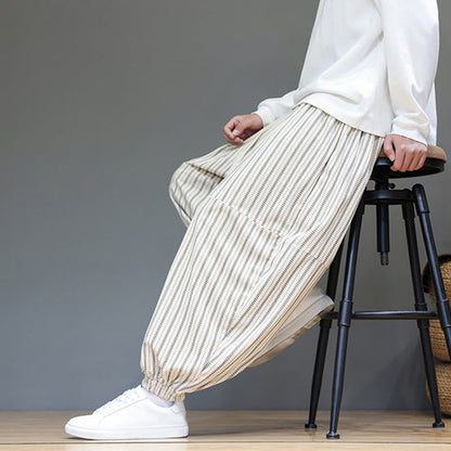 Buddha Stones Fall Striped Pattern Drawstring Men's Harem Corduroy Pants With Pockets
