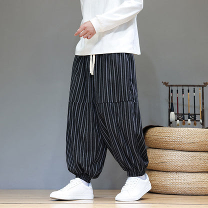 Buddha Stones Fall Striped Pattern Drawstring Men's Harem Corduroy Pants With Pockets