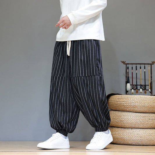 Buddha Stones Fall Striped Pattern Drawstring Men's Harem Corduroy Pants With Pockets