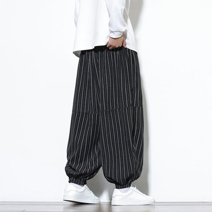 Buddha Stones Fall Striped Pattern Drawstring Men's Harem Corduroy Pants With Pockets