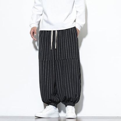 Buddha Stones Fall Striped Pattern Drawstring Men's Harem Corduroy Pants With Pockets