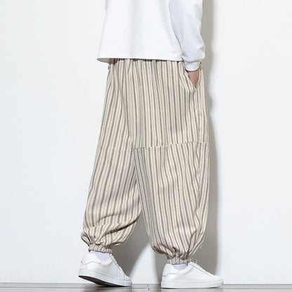 Buddha Stones Fall Striped Pattern Drawstring Men's Harem Corduroy Pants With Pockets