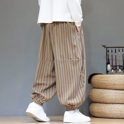 Buddha Stones Fall Striped Pattern Drawstring Men's Harem Corduroy Pants With Pockets
