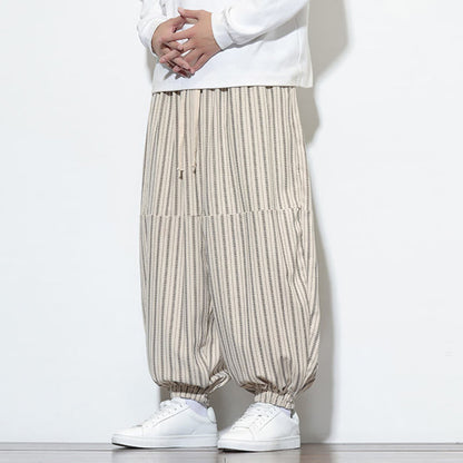 Buddha Stones Fall Striped Pattern Drawstring Men's Harem Corduroy Pants With Pockets