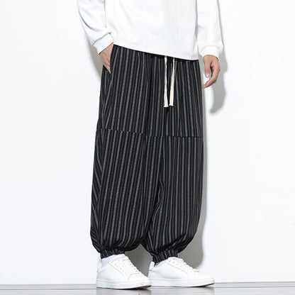 Buddha Stones Fall Striped Pattern Drawstring Men's Harem Corduroy Pants With Pockets