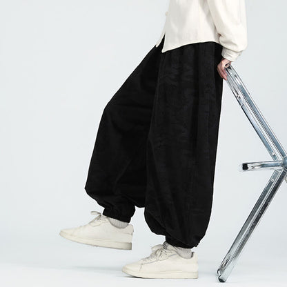 Buddha Stones Fall Plain Jacquard Design Drawstring Men's Harem Pants With Pockets
