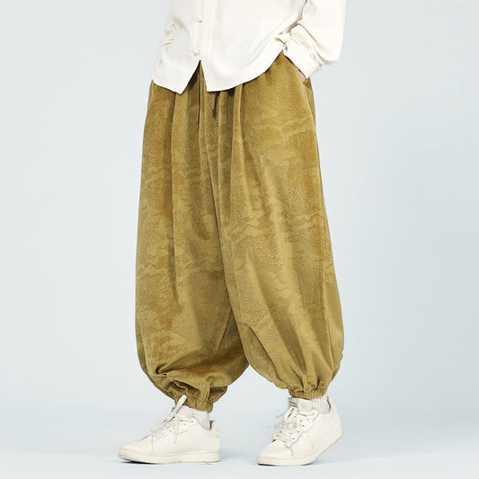 Buddha Stones Fall Plain Jacquard Design Drawstring Men's Harem Pants With Pockets