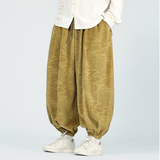 Buddha Stones Fall Plain Jacquard Design Drawstring Men's Harem Pants With Pockets