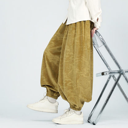 Buddha Stones Fall Plain Jacquard Design Drawstring Men's Harem Pants With Pockets