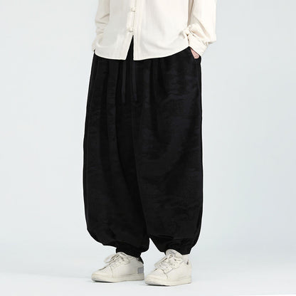 Buddha Stones Fall Plain Jacquard Design Drawstring Men's Harem Pants With Pockets