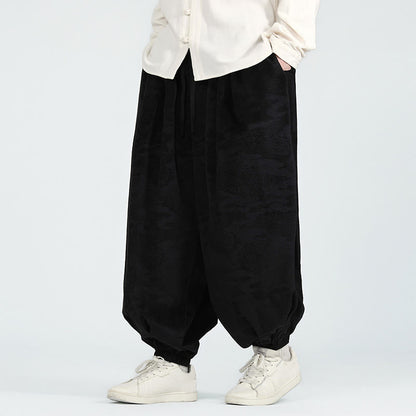 Buddha Stones Fall Plain Jacquard Design Drawstring Men's Harem Pants With Pockets