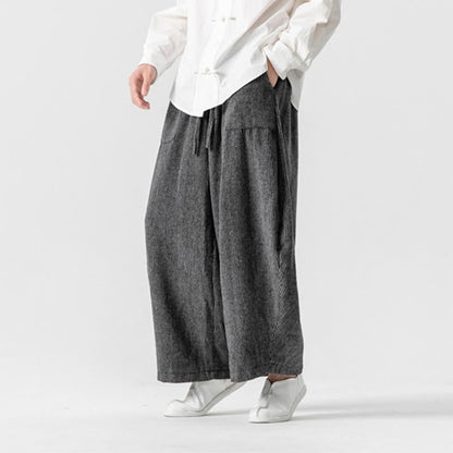 Buddha Stones Daily Solid Color Drawstring Design Men's Wide Leg Cotton Pants With Pockets