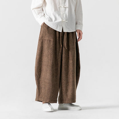 Buddha Stones Daily Solid Color Drawstring Design Men's Wide Leg Cotton Pants With Pockets