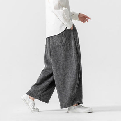 Buddha Stones Daily Solid Color Drawstring Design Men's Wide Leg Cotton Pants With Pockets
